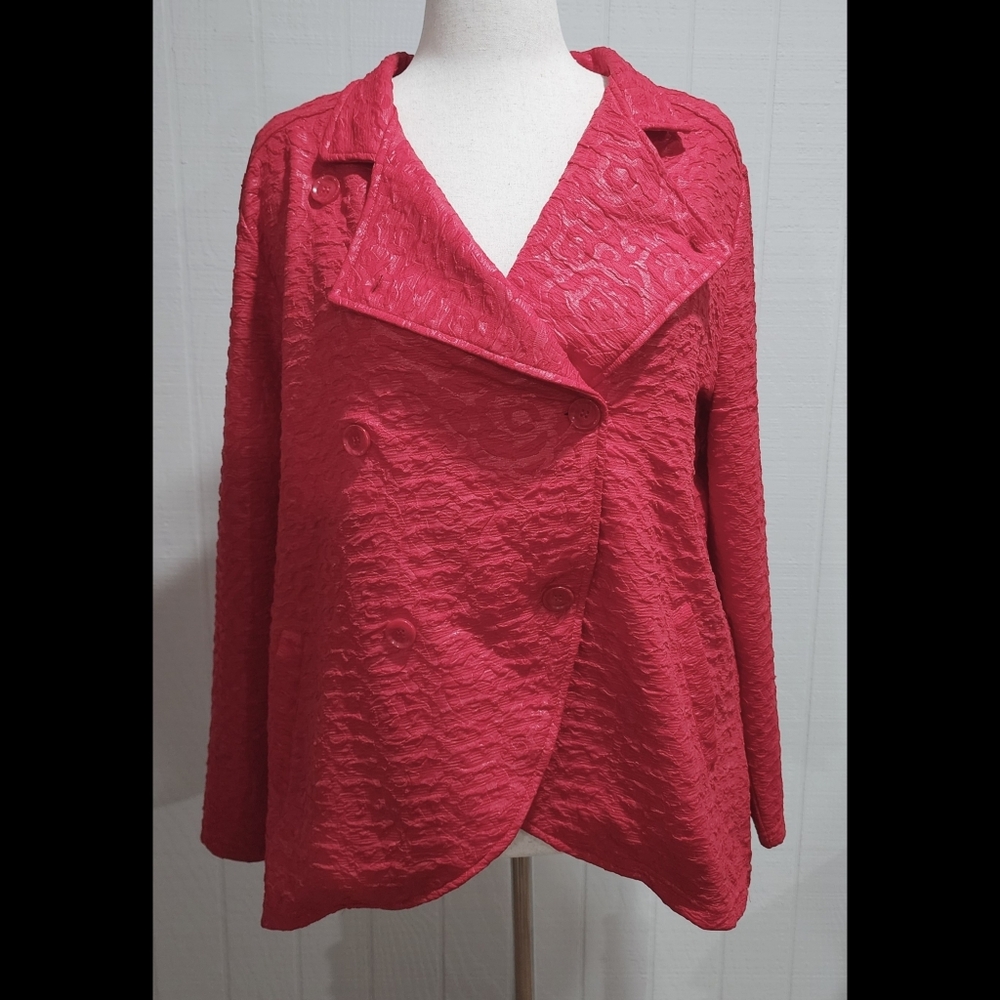 Erin London Jacket Size 1X Red Textured Flowers Stretch Bold Artsy